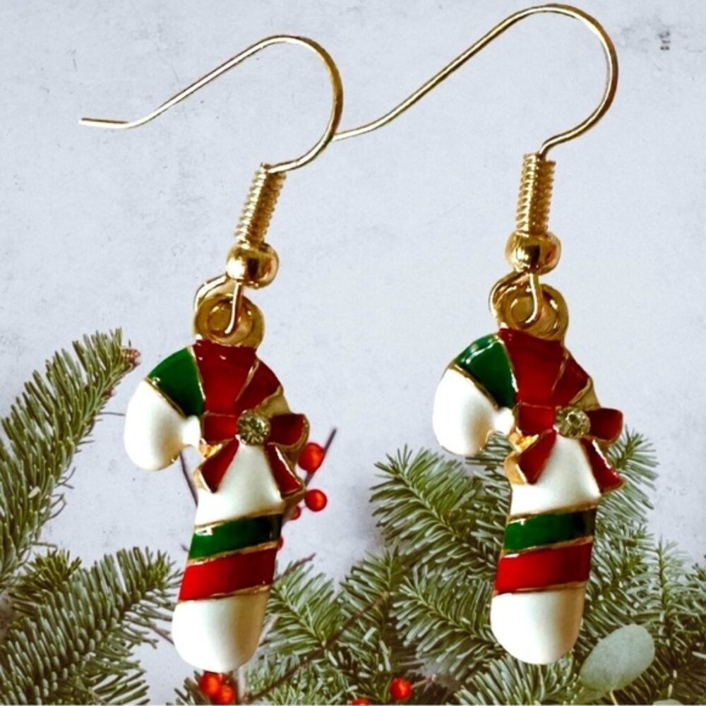 ⭐️ 5 for $25 Holiday Festive Christmas Candy Cane Hoop Earrings Gold Tone